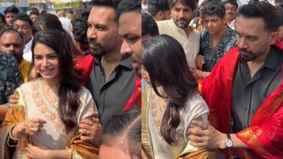 Samantha Ruth Prabhu and Raj Nidimoru visited Tirumala with the team of Maa Inti Bangaram. (Instagram: Artistrybuzz) Samantha Ruth Prabhu and Raj Nidimoru visited Tirumala with the team of Maa Inti Bangaram. (Instagram: Artistrybuzz)