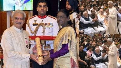 Actor Anil Rastogi receiving Padma Shri award from President Droupadi Murmu and (right) the controversial video grab (Photos: X)