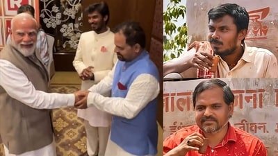 Actors Durgesh Kumar and Ashok Pathak with Prime Minister Narendra Modi during their meet in New Delhi and (inset) still from OTT series Panchayat (Photos; Instagram) Actors Durgesh Kumar and Ashok Pathak with Prime Minister Narendra Modi during their meet in New Delhi and (inset) still from OTT series Panchayat (Photos; Instagram)