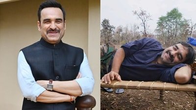 Actor Pankaj Tripathi and (inset) enjoying the 'charpai' during the shoot of feature film Newton.