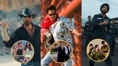 Akshay Kumar in Uncha Lamba Kad’s recreation from Welcome to the Jungle; (inset) the original features Akshay with Katrina Kaif in Welcome (2007). Sushmita Sen and Salman Khan in Chunnari Chunnari from Biwi No.1 (1999); (inset) Varun Dhawan in the recreation from Hai Jawani Toh Ishq Hona Hai and Diljit Dosanjh in Sandese Aate Hain from Border 2; (inset) a still from the original song in Border (1997) (Photos: X)