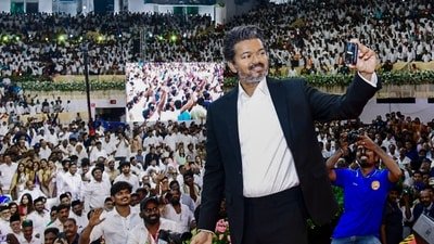 Tamil Nadu Chief Minister and Tamilaga Vettri Kazhagam (TVK) chief C Joseph Vijay took a selfie with the gathering during his swearing-in ceremony on May 10. (PTI Photo)(PTI05_10_2026_000338B) (PTI)