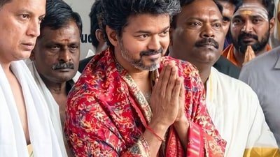 Vijay visited the Sri Mookambika Devi Temple in Kollur, Karnataka, on Friday. (Instagram: RM Clicks) Vijay visited the Sri Mookambika Devi Temple in Kollur, Karnataka, on Friday. (Instagram: RM Clicks)