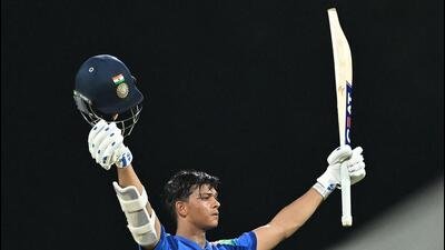 Yashasvi Jaiswal celebrates after scoring a century during the third ODI between India and Afghanistan at the MA Chidambaram Stadium in Chennai. (AFP) Yashasvi Jaiswal celebrates after scoring a century during the third ODI between India and Afghanistan at the MA Chidambaram Stadium in Chennai. (AFP)