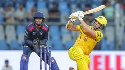 Arjun Tendulkar launches one into the stands (Nuvama Private T20 Mumbai League 2026) Arjun Tendulkar launches one into the stands (Nuvama Private T20 Mumbai League 2026)
