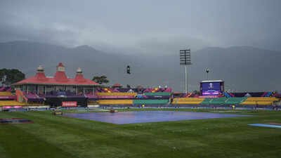 Dark clouds hover over the HPCA Stadium ( PTI Photo/Kamal Kishore) Dharamsala rain: What is the cut-off time for IND vs AFG 1st ODI match?