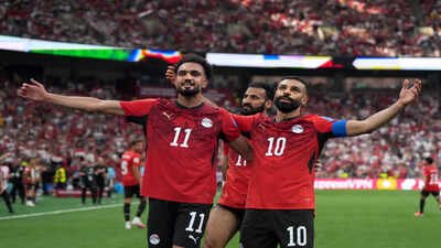 Egypt's Mohamed Salah (10) celebrates his goal with teammate Mostafa Ziko (11). (AP Photo) New Zealand vs Egypt, FIFA World Cup Match Result: Salah sparks history as Egypt seal first-ever World Cup win with 3-1 victory over New Zealand