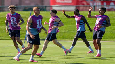 Members of the English national team practice for the FIFA World Cup in Kansas City. (AP Photo) FIFA World Cup 2026: Two charged in England equipment theft case as most stolen gear recovered