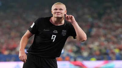 Norway's Erling Haaland (9) celebrates after scoring their third goal. (AP Photo) Norway vs Senegal, FIFA World Cup Match Result: Erling Haaland's double sends Norway into knockouts