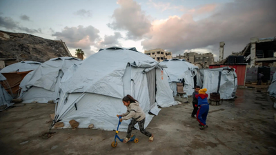 Children play at a tent camp for displaced Palestinians in Gaza City (AP) 'If not India, then who?' Palestinian embassy urges urgent medical aid