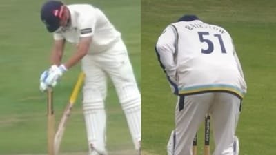 Sam Hain, Jonny Bairstow and Hasan Ali engaged in a hilarious three-man exchange of bail-swapping in the County Championship. (Screen grab from X) Sam Hain, Jonny Bairstow and Hasan Ali engaged in a hilarious three-man exchange of bail-swapping in the County Championship. (Screen grab from X)