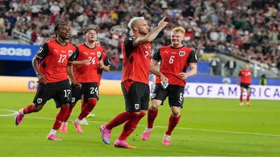 Austria's Marko Arnautovic (7) celebrates after scoring on a penalty kick. (AP Photo) Austria vs Jordan FIFA World Cup Match Result: Austria end 36-year wait with dramatic victory over debutants Jordan