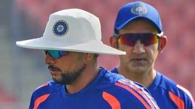 India's head coach Gautam Gambhir looks on as Kuldeep Yadav, left, warms up before the start of play on day one of the test match between Afghanistan and India in New Chandigarh, India, Saturday, June 6, 2026. (AP Photo) Curious case of Kuldeep Yadav: With the 2027 ODI World Cup in sight, India need their premier wicket-taker back in form