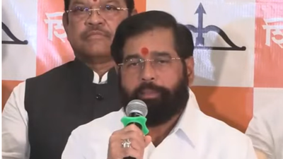 Maharashtra deputy CM Eknath Shinde at press conference in Mumbai Split 2.0 official: Flanked by Eknath Shinde, six rebel Sena (UBT) MPs join Shiv Sena