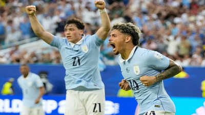 Uruguay's Maxi Araujo celebrates scoring his side's goal against Saudi Arabia. (AP Photo) Saudi Arabia vs Uruguay FIFA World Cup Match Result: Maxi Araújo's late strike rescues Uruguay, Saudi Arabia miss another famous win