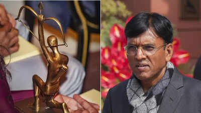 Arjuna Award trophy, being held by a recipient, during the National Sports and Adventure Awards 2023 at the Rashtrapati Bhavan, in New Delhi. (left), and Union sports minister Mansukh Mandaviya (Photo/Agencies) How mush delay is too much delay? Athletes left waiting for National Sports Awards, ministry offers no explanation
