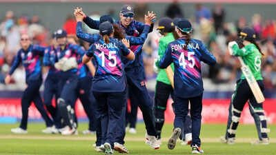 Chloe Abel of Scotland celebrate victory with her teammates during the ICC Women's T20 World Cup 2026 match between Scotland and Ireland at Old Trafford Cricket Ground on June 13, 2026 in Manchester, England. Bryce sisters shine as Scotland script history with first-ever Women's T20 World Cup win