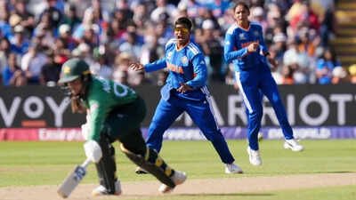 Deepti Sharma attempts to run out Pakistan's Natalia Parvaiz during the ICC Women's T20 World Cup, Group 1 cricket match between India and Pakistan in Birmingham, England. 64-run hammering! Deepti Sharma and Richa Ghosh sink Pakistan as India begin T20 World Cup with big win