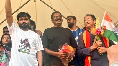 Founder of Cockroach Janata Party (CJP) Abhijeet Dipke, actor Prakash Raj, and environmentalist Sonam Wangchuk during the protest demanding the resignation of Union Education Minister Dharmendra Pradhan over NEET Exam paper leak and other alleged irregularities, at Freedom Park, in Bengaluru on Sunday. (ANI Photo) (Savitha) Founder of Cockroach Janata Party (CJP) Abhijeet Dipke, actor Prakash Raj, and environmentalist Sonam Wangchuk during the protest demanding the resignation of Union Education Minister Dharmendra Pradhan over NEET Exam paper leak and other alleged irregularities, at Freedom Park, in Bengaluru on Sunday. (ANI Photo) (Savitha)