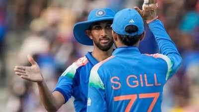 Prasidh Krishna, left, is greeted by captain Shubman Gill after his five-wicket haul during the third and final ODI cricket match between India and Afghanistan, in Chennai, Tamil Nadu. (PTI Photo) Who will take wickets in middle overs? Shubman Gill pins hope on tall fast bowlers