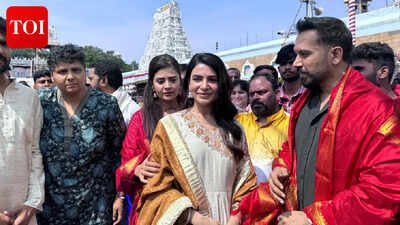 Samantha offers prayers at Tirupati along with her husband Raj Nidimoru and the 'Maa Inti Bangaram' team ahead of the film's release