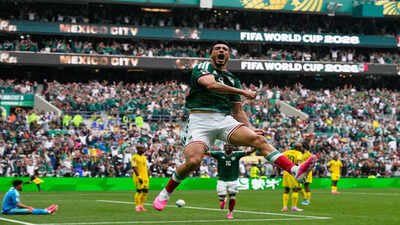 Mexico's Raul Jimenez celebrates after scoring his side's second goal during the World Cup Group A soccer match between Mexico and South Africa in Mexico City, Thursday, June 11, 2026. (AP Photo/Natacha Pisarenko) More red cards than goals! Mexico's 2-0 win over South Africa becomes first World Cup opener with three dismissals