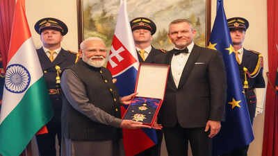 PM Modi received Slovakia’s highest civilian honour, the Order of the White Double Cross (1st Class), from Slovak President Peter Pellegrini (ANI) India & Slovakia upgrade ties, seek reform of global bodies