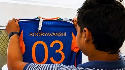 Vaibhav Sooryavanshi look at his Team India jersey (BCCI screen grab) Vaibhav Sooryavanshi look at his Team India jersey (BCCI screen grab)
