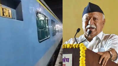 RSS cheif Mohan Bhagwat (right) Stone hits Shatabdi Express near Firozabad while RSS chief Mohan Bhagwat on board