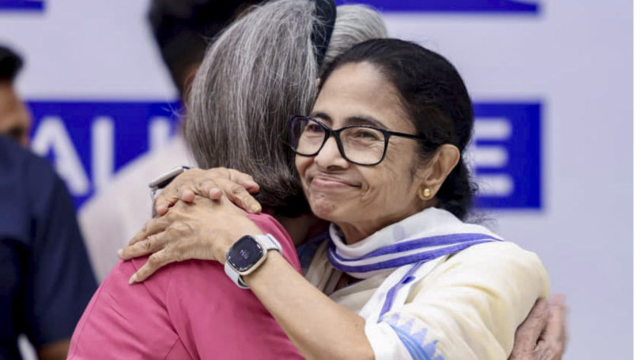 The Mamat-Sonia hug at INDIA bloc meet on Monday.