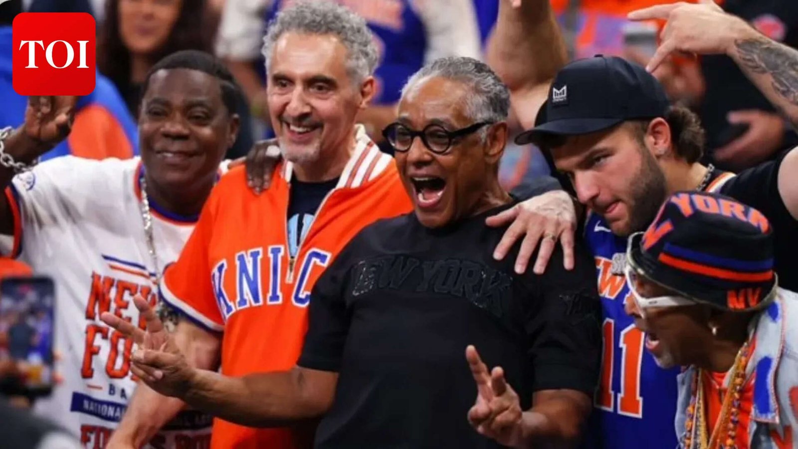 Tracy Morgan, John Turturro and Giancarlo Esposito pose for a photo at Game Five of the 2026 NBA Finals between the San Antonio Spurs and the New York Knicks