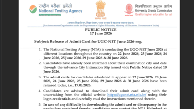 UGC NET June 2026 candidates can now download their admit cards as the National Testing Agency prepares to conduct the examination from June 22 to June 30 across the country. The hall ticket contains essential exam-day information, including venue and reporting time. Candidates have been advised to review the details thoroughly and follow all instructions issued by the agency. UGC NET June exam admit card 2026 released at ugcnet.nta.nic.in for June 22 to 30 exams: Check direct link to download hall tickets here