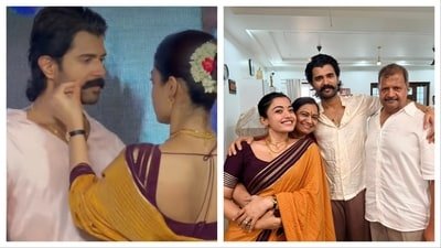 Vijay Deverakonda looks on as Rashmika Mandanna fixes his moustache. Vijay Deverakonda looks on as Rashmika Mandanna fixes his moustache.