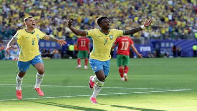 Brazil's Vinicius Junior (7) celebrates a goal against Morocco. (AP Photo) Brazil vs Morocco FIFA World Cup Match Result: Morocco denied famous win as Vinícius rescues Brazil