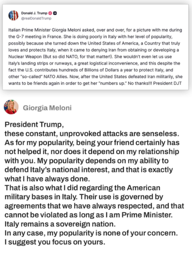 What Meloni wrote on Truth Social