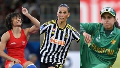 From left: Vinesh Phogat, Sara Björk Gunnarsdóttir and Nain Abidi proved pregnancy is no barrier for female athletes in sports. (AFP)