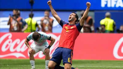 Spain's Mikel Merino (6) celebrates after their win in the World Cup quarterfinal match between Spain and Belgium in Inglewood. (AP Photo) Spain vs Belgium FIFA World Cup QF match result: Merino magic strikes again as Spain edge past Belgium to enter WC Semis