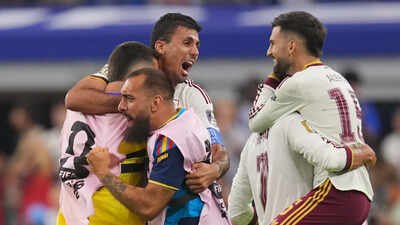 Playes of Spain celebrate defeating France in a World Cup semifinal match on Tuesday, July 14, 2026. (AP Photo) Spain vs France FIFA World Cup SF match result: Lamine Yamal shines as Spain outclass Mbappe’s France to reach their second WC Final