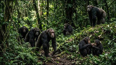 Studies have shown that chimpanzee groups often rest on hilltops in places where conflicts with neighbouring groups are likely. (AI image) Chimpanzees climb hills, mongooses post guards and meerkats close ranks: Scientists reveal what animals do before going to war