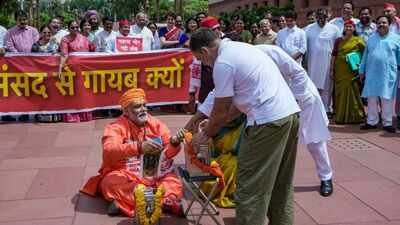 Purnia MP Pappu Yadav staged a protest on the Parliament premises Watch: Saffron-clad Pappu Yadav, opposition stage Ram Temple donation theft skit in Parliament