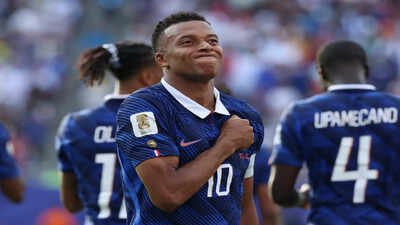 France's Kylian Mbappe (10) celebrates scoring their third goal during the World Cup round of 32 soccer match between France and Sweden in East Rutherford, N.J., near New York, Tuesday, June 30, 2026. (AP Photo/Pamela Smith) France vs Sweden, FIFA World Cup Match Result: Kylian Mbappé's brace sends France into Round of 16 with 3-0 win