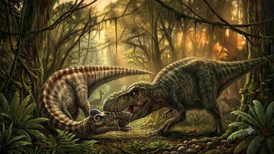 Representative image generated using AI T. rex tooth found in a duck-billed dinosaur fossil reveals how the apex predator hunted 66 million years ago