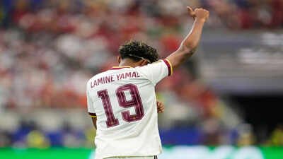 Spain's Lamine Yamal (19) reacts during the World Cup round of 16 soccer match between Portugal and Spain in Arlington, Texas, near Dallas, Monday, July 6, 2026. (AP Photo/Tony Gutierrez) Lamine Yamal scripts European football history after France win with record no one has ever matched