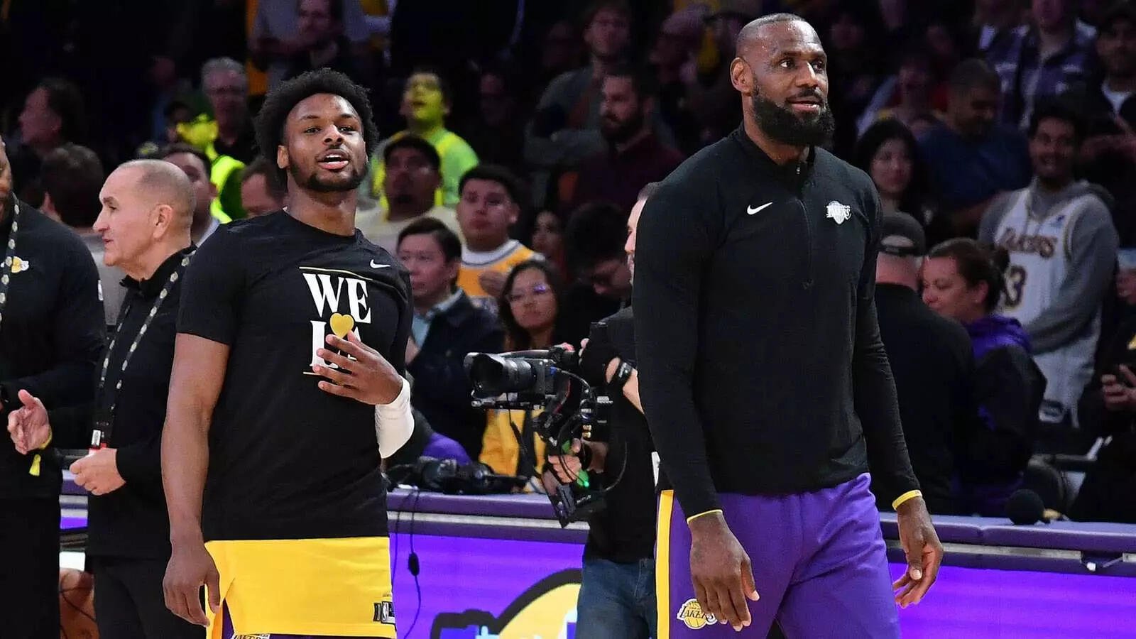 Lebron James and Bronny James in action