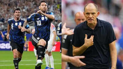 Argentina's Lionel Messi (10) celebrates scoring a goal; and England head coach Thomas Tuchel. (AP Photos) 'I would've done the same': Thomas Tuchel on Argentina's iconic dark blue jersey choice for England World Cup semi-final