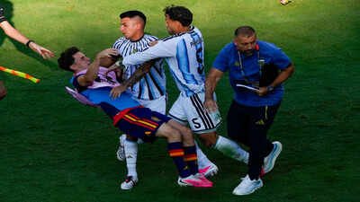 Spain's Gavi, left, falls as he scuffles with Argentina's Leandro Paredes (5) and Thiago Almada. (AP Photo) 'I would have headbutted him!': Zlatan Ibrahimovic blasts Leandro Paredes, asks why Spain players just stood and watched