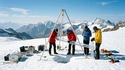 Scientists working on Alpine glacier (AI-generated image) Scientists drill 33 feet into a vanishing Alpine glacier to recover a 2,000-year climate record revealing ancient silver mining, massive forest fires, and far-off volcanic eruptions