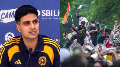 Shubman Gill; and protestors in Delhi. (ANI/PTI Photos) 'For India's future': Shubman Gill urges compassion, mutual respect amid student protests
