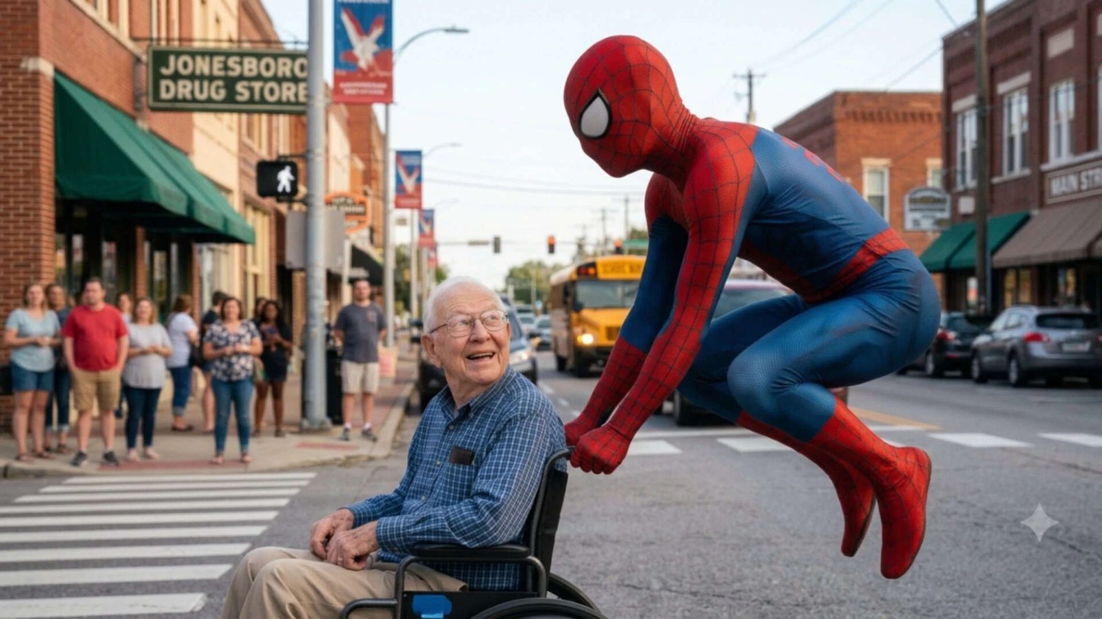 Spider-Man helps a wheelchair-bound man cross a busy Jonesboro intersection