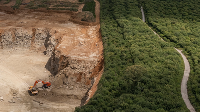 Hermitage quarry beside Oaken Wood. Under the soil sits Kentish ragstone, which Kent county council says is crucial for the conservation of ancient buildings. In 1600, Oaken Wood was already an established English woodland; in 2026 Kent proposed quarrying 41 hectares for stone used in historic buildings